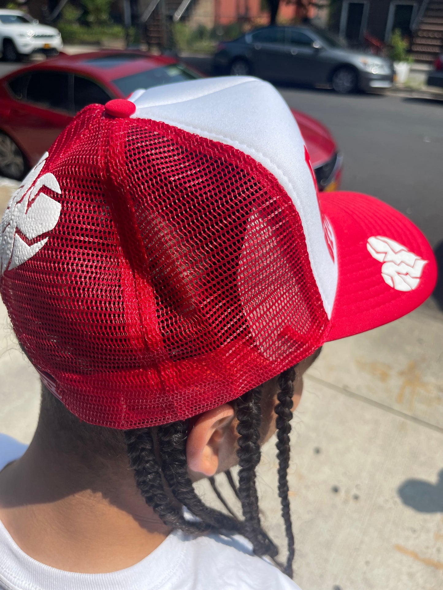 Red and white BBR trucker hat