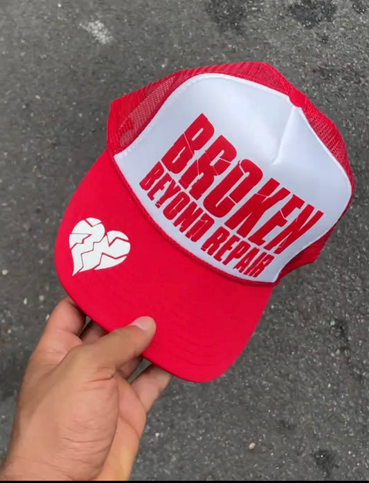 Red and white BBR trucker hat